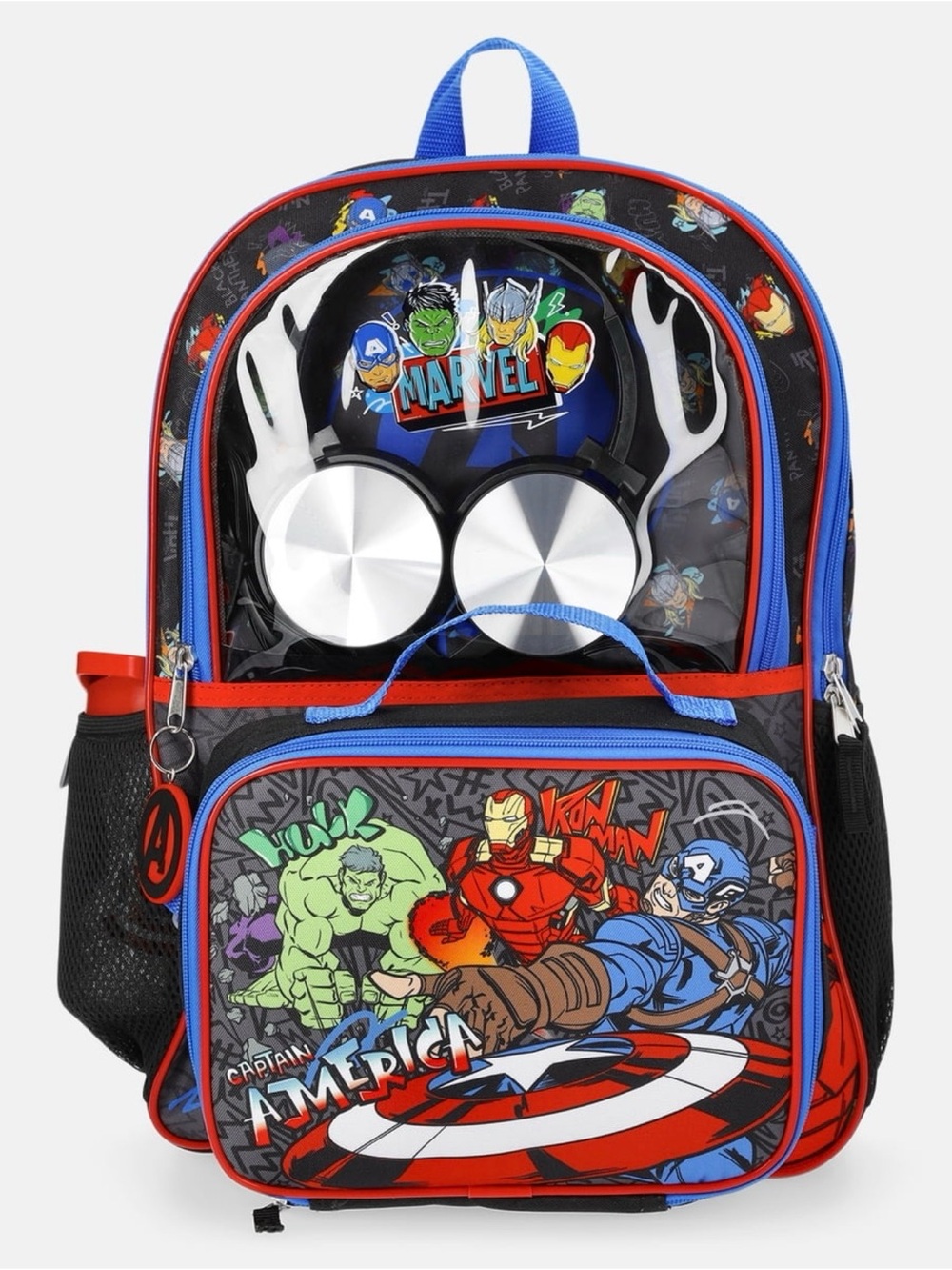 Marvel Red, Blue & Black Avengers Kids Backpack Headphones water bottle keychain